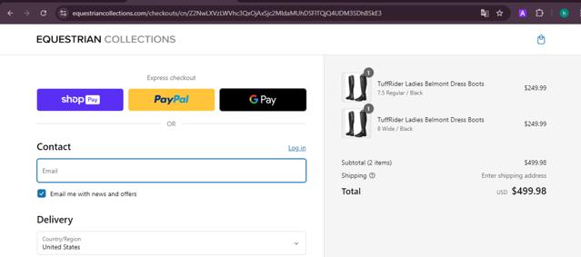 Equestrian Collections checkout page showing Equestrian Collections promo code box | Screenshot taken by SimplyCodes community member on Sep 7, 2024