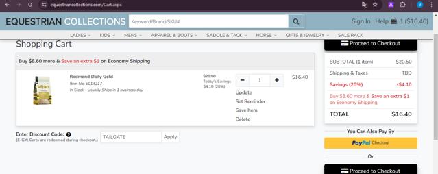 Equestrian Collections checkout page showing Equestrian Collections promo code box | Screenshot taken by SimplyCodes community member on Aug 9, 2024