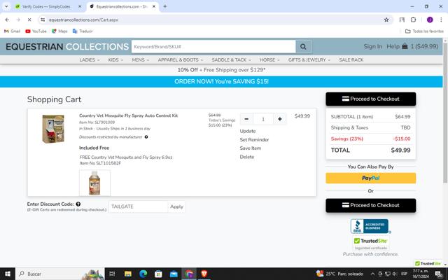 Equestrian Collections checkout page showing Equestrian Collections promo code box | Screenshot taken by SimplyCodes community member on Jul 16, 2024