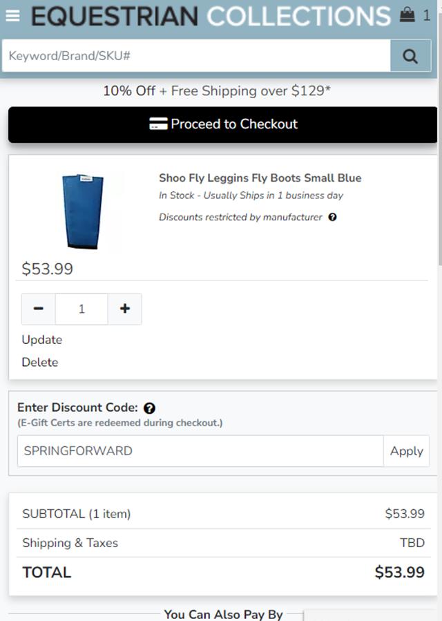 Equestrian Collections checkout page showing Equestrian Collections promo code box | Screenshot taken by SimplyCodes community member on Jul 2, 2024