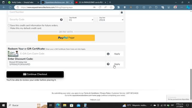 Equestrian Collections checkout page showing Equestrian Collections promo code box | Screenshot taken by SimplyCodes community member on Jul 2, 2024