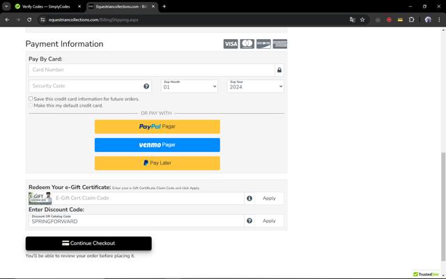 Equestrian Collections checkout page showing Equestrian Collections promo code box | Screenshot taken by SimplyCodes community member on Jul 24, 2024