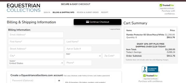 Equestrian Collections checkout page showing Equestrian Collections promo code box | Screenshot taken by SimplyCodes community member on Aug 7, 2024