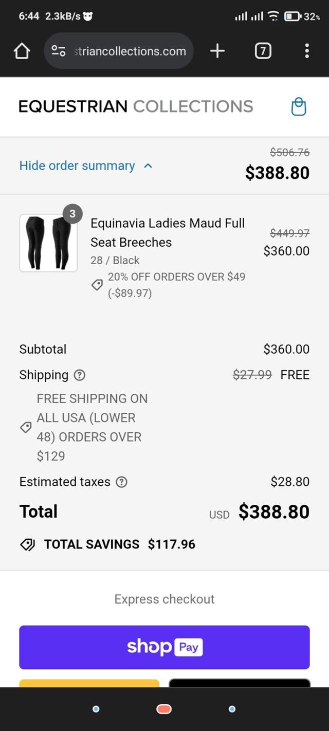 Equestrian Collections checkout page showing Equestrian Collections promo code box | Screenshot taken by SimplyCodes community member on Sep 5, 2024