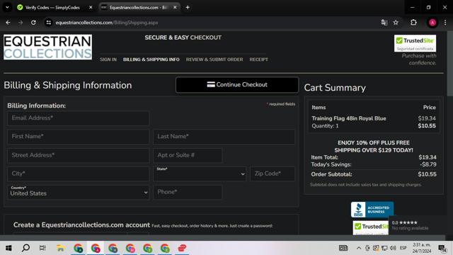Equestrian Collections checkout page showing Equestrian Collections promo code box | Screenshot taken by SimplyCodes community member on Jul 24, 2024