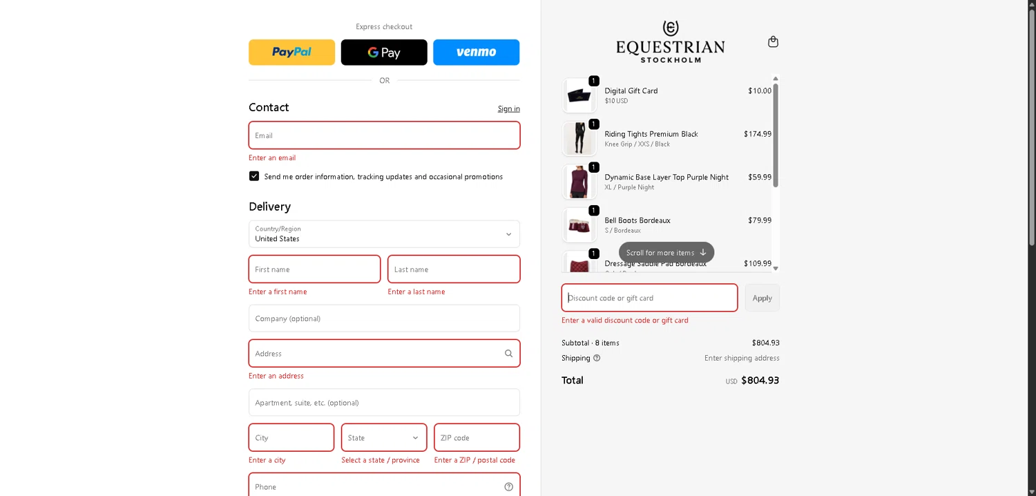 Equestrian Stockholm promo code screenshot showing code GOLDENBROWN applied at Equestrian Stockholm checkout page. Uploaded by SimplyCodes community member PromoElite4745 on Feb 19, 2026