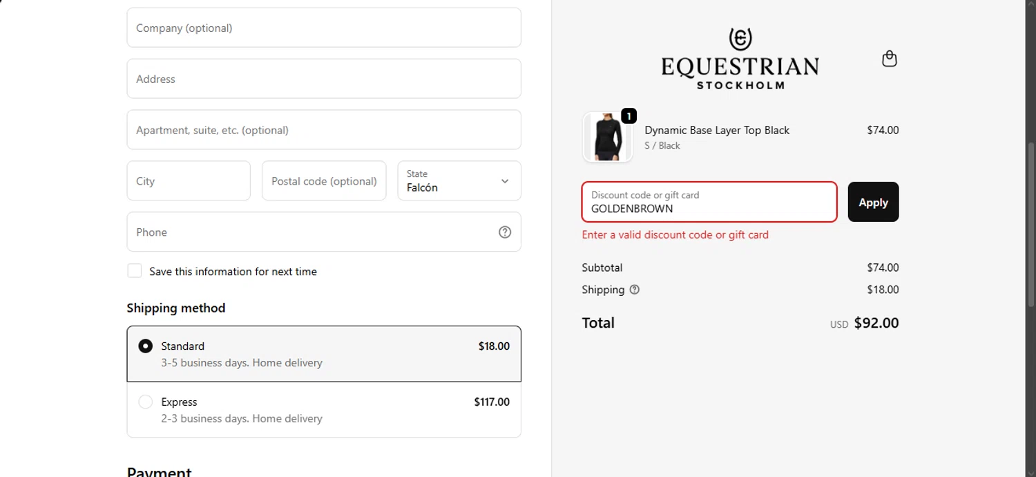Equestrian Stockholm promo code screenshot showing code GOLDENBROWN applied at Equestrian Stockholm checkout page. Uploaded by SimplyCodes community member obert0264_b14f on Feb 19, 2026
