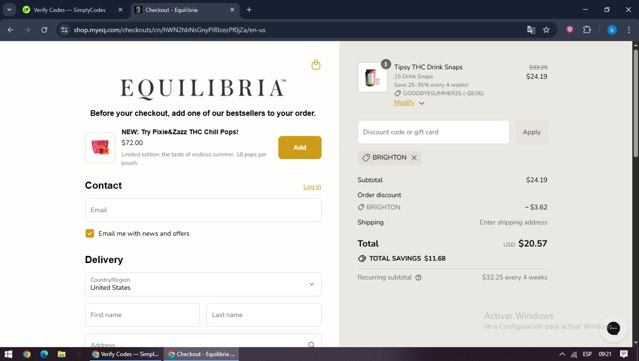 Equilibria checkout page showing Equilibria coupon code box | Screenshot taken by SimplyCodes community member on Sep 7, 2025