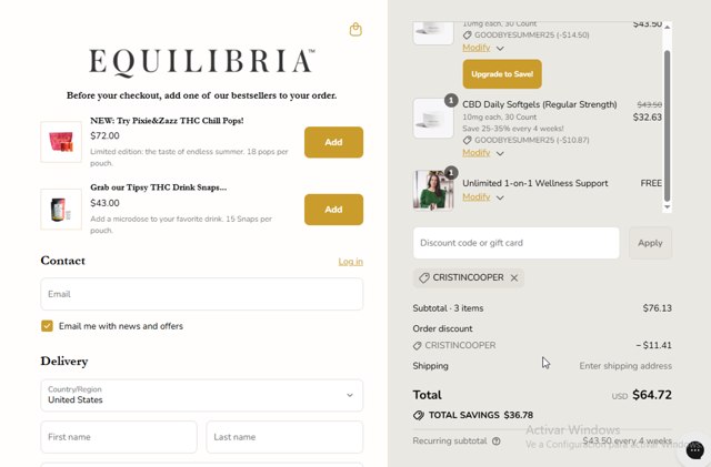 Equilibria checkout page showing Equilibria coupon code box | Screenshot taken by SimplyCodes community member on Sep 7, 2025
