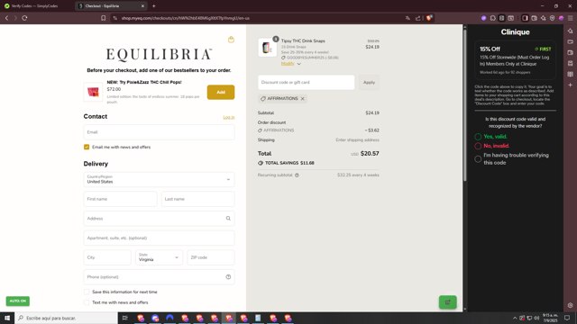 Equilibria checkout page showing Equilibria coupon code box | Screenshot taken by SimplyCodes community member on Sep 7, 2025