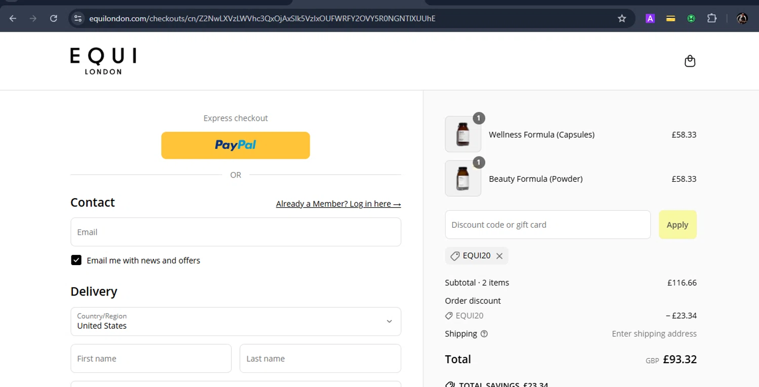 Equi London discount code screenshot showing code EQUI20 applied at Equi London checkout page. Uploaded by SimplyCodes community member Eduard on Jun 21, 2025