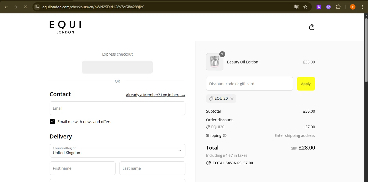 Equi London discount code screenshot showing code EQUI20 applied at Equi London checkout page. Uploaded by SimplyCodes community member NobleElite1598 on Aug 22, 2025
