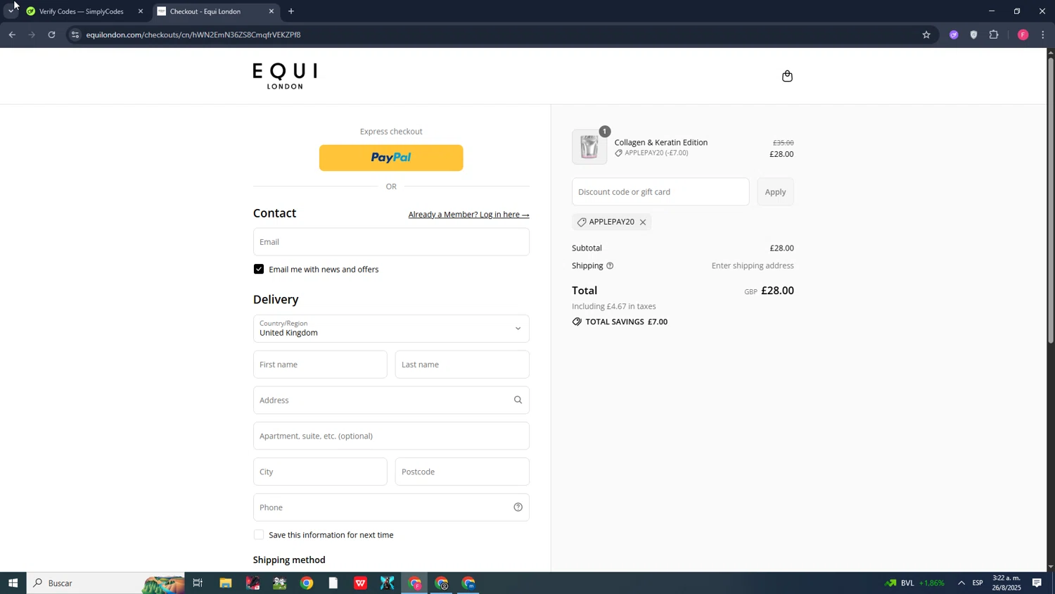 Equi London discount code screenshot showing code APPLEPAY20 applied at Equi London checkout page. Uploaded by SimplyCodes community member CleverMonarch1744 on Aug 26, 2025