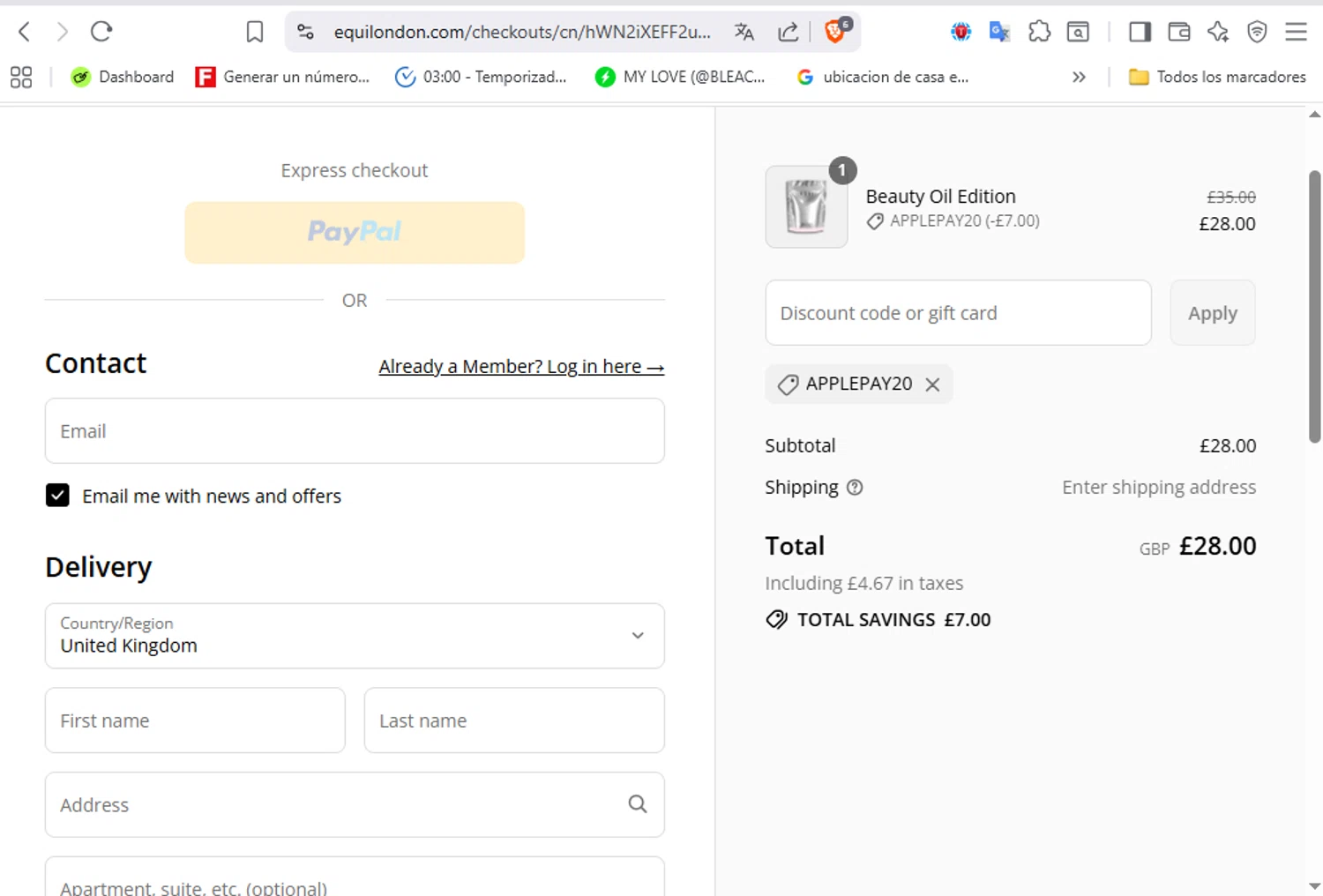 Equi London discount code screenshot showing code APPLEPAY20 applied at Equi London checkout page. Uploaded by SimplyCodes community member VoucherFalcon3942 on Sep 7, 2025