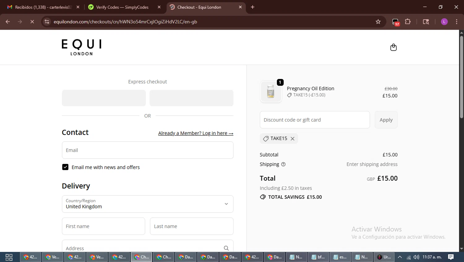 Equi London discount code screenshot showing code TAKE15 applied at Equi London checkout page. Uploaded by SimplyCodes community member RewardScout5160 on Oct 6, 2025