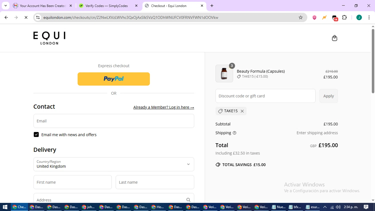 Equi London discount code screenshot showing code TAKE15 applied at Equi London checkout page. Uploaded by SimplyCodes community member SavvyCurator1770 on Jun 21, 2025