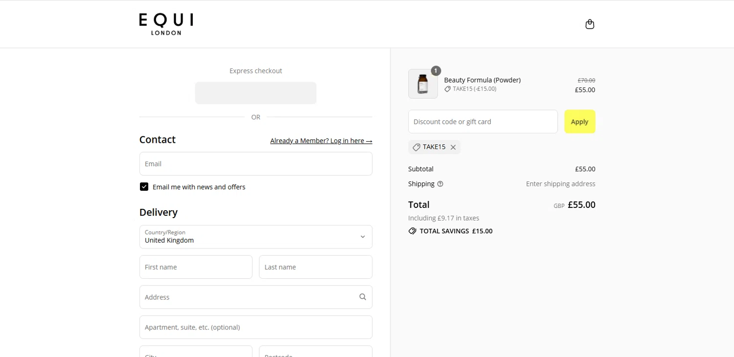 Equi London discount code screenshot showing code TAKE15 applied at Equi London checkout page. Uploaded by SimplyCodes community member dimitriv on Jul 18, 2025