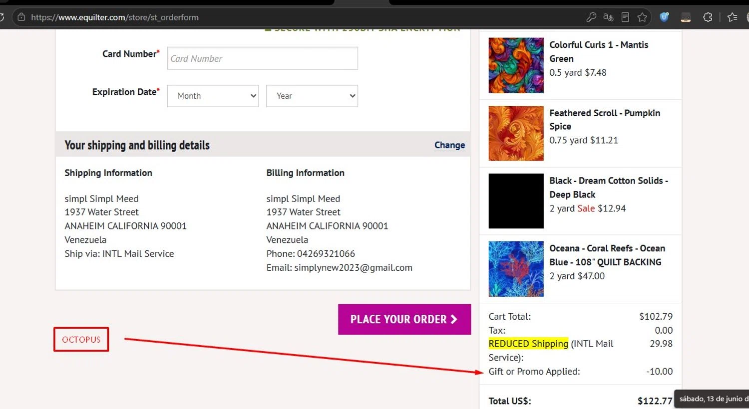 EQuilter promo code screenshot showing code OCTOPUS applied at EQuilter checkout page. Uploaded by SimplyCodes community member HonestVzla on Jun 14, 2026