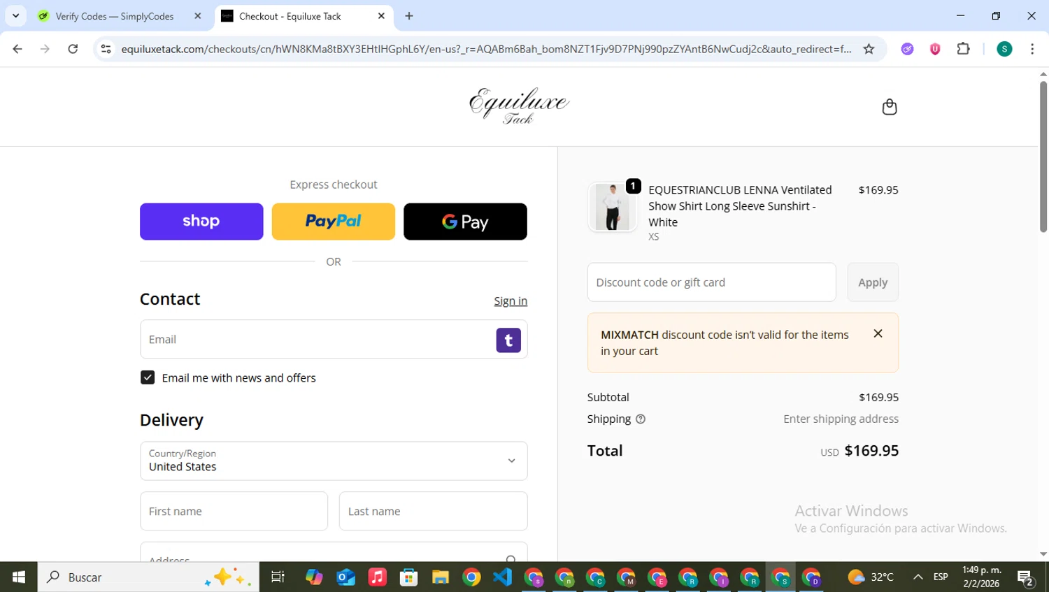 Equiluxe Tack promo code screenshot showing code MIXMATCH applied at Equiluxe Tack checkout page. Uploaded by SimplyCodes community member VictoriousPilot5281 on Feb 2, 2026
