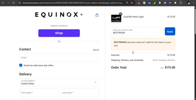 Equinox+ checkout page showing Equinox+ discount code box | Screenshot taken by SimplyCodes community member on Sep 1, 2025