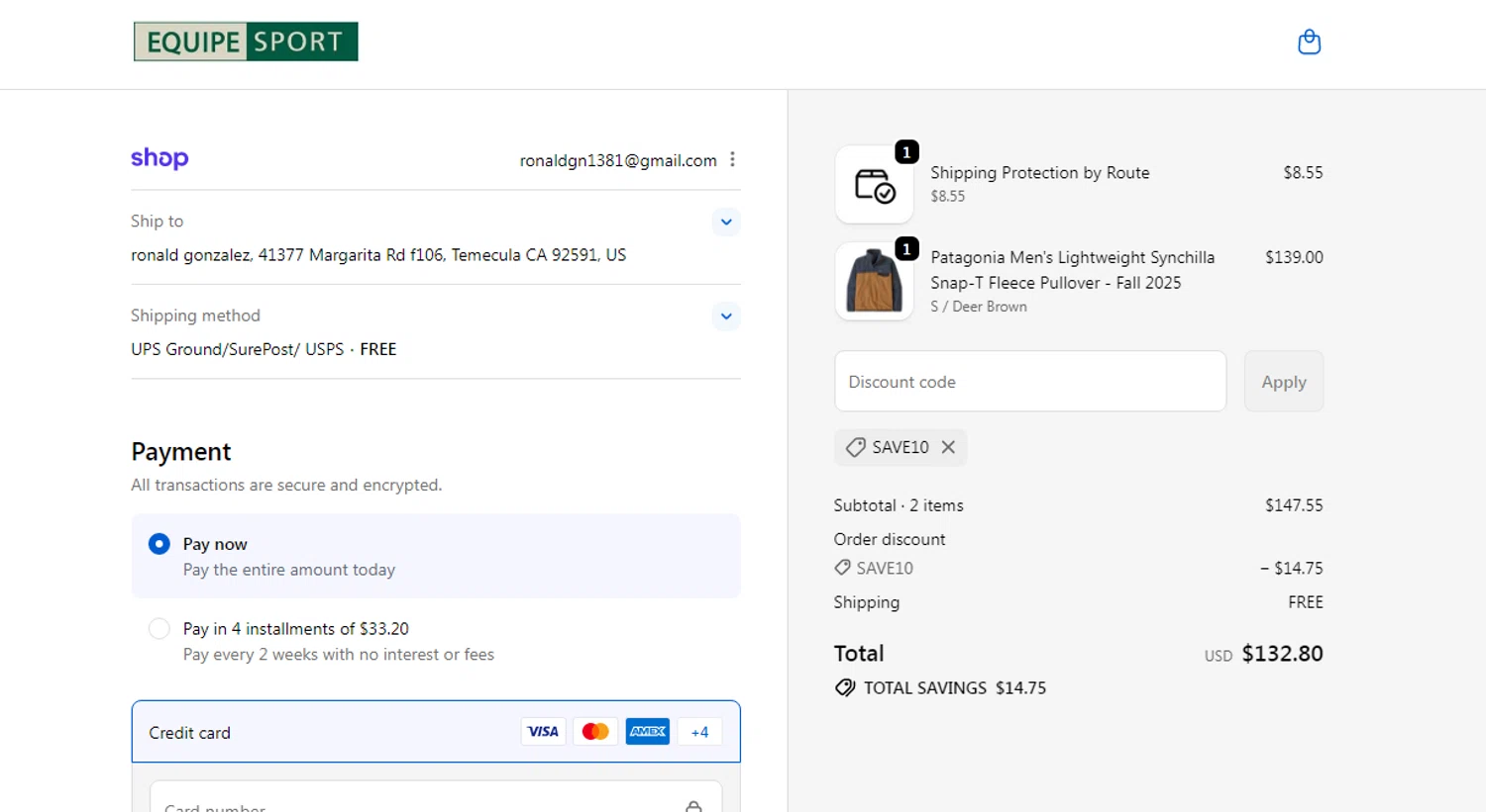 Equipe Sport promo code screenshot showing code SAVE10 applied at Equipe Sport checkout page. Uploaded by SimplyCodes community member CleverAdmiral7613 on Dec 8, 2025