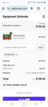 Equipment Defender coupon verification screenshot