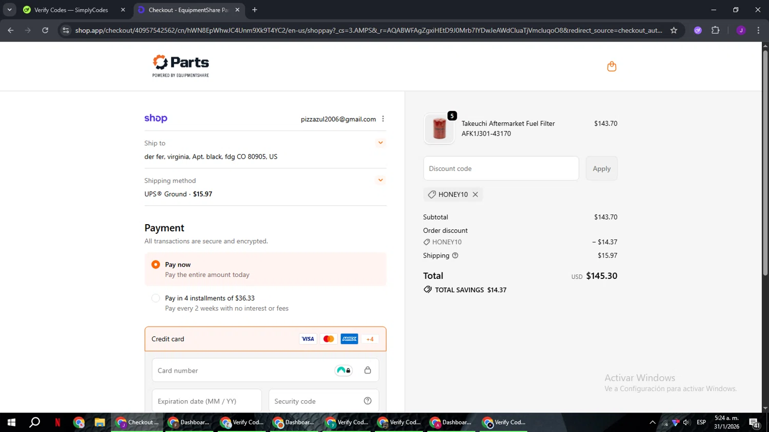 EquipmentShare promo code screenshot showing code honey10 applied at EquipmentShare checkout page. Uploaded by SimplyCodes community member ComeBurra123 on Jan 31, 2026