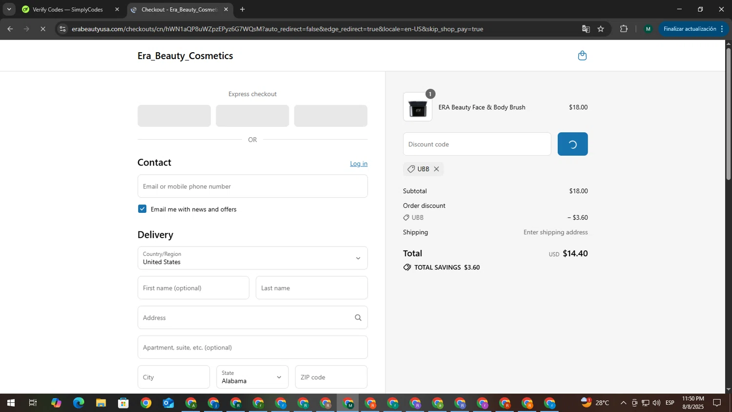 Era Beauty coupon code screenshot showing code UBB applied at Era Beauty checkout page. Uploaded by SimplyCodes community member MDLECHUZA on Aug 9, 2025