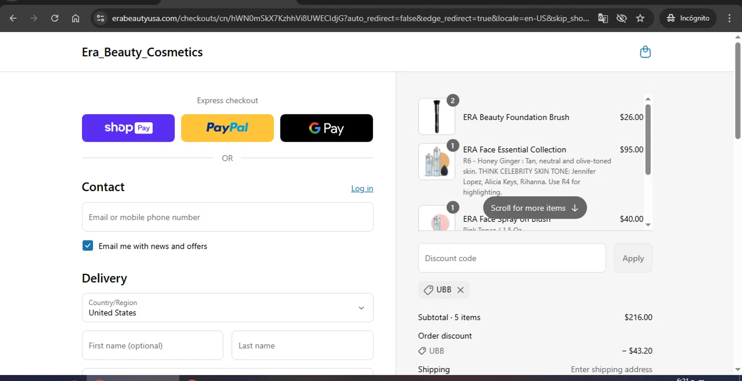 Era Beauty coupon code screenshot showing code UBB applied at Era Beauty checkout page. Uploaded by SimplyCodes community member Marboro on Jul 18, 2025