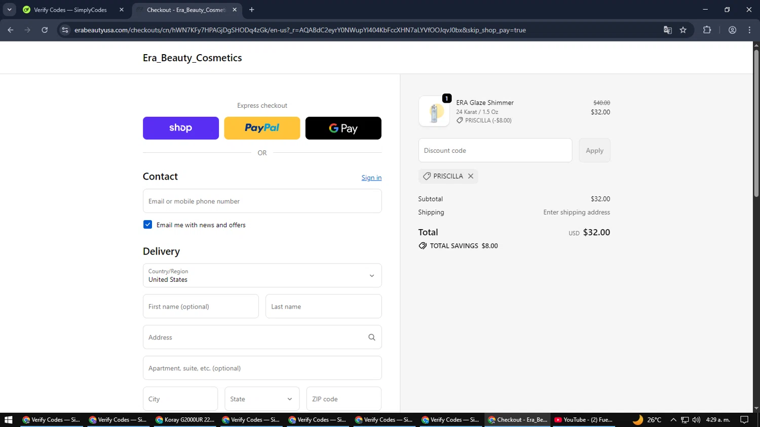 Era Beauty coupon code screenshot showing code PRISCILLA applied at Era Beauty checkout page. Uploaded by SimplyCodes community member SmartMaverick5327 on Jan 7, 2026