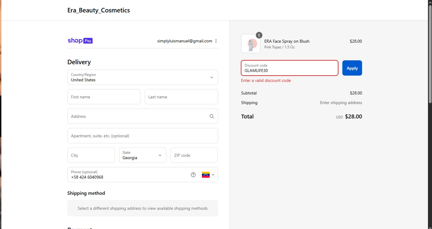 Era Beauty coupon code screenshot showing code GLAMLIFE30 applied at Era Beauty checkout page. Uploaded by SimplyCodes community member CouponHero3179 on Aug 26, 2025