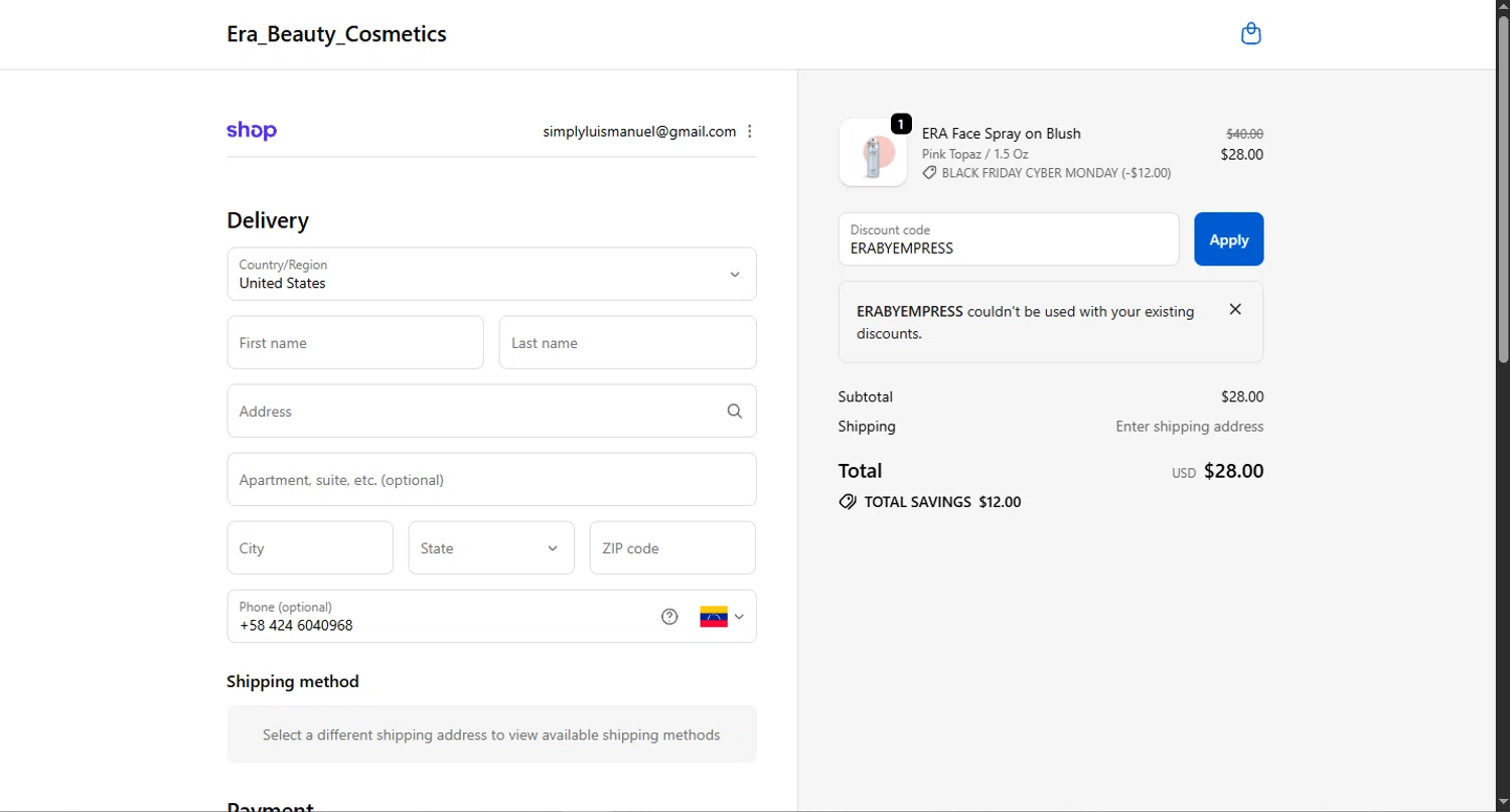 Era Beauty coupon code screenshot showing code ERABYEMPRESS applied at Era Beauty checkout page. Uploaded by SimplyCodes community member CouponHero3179 on Nov 29, 2025