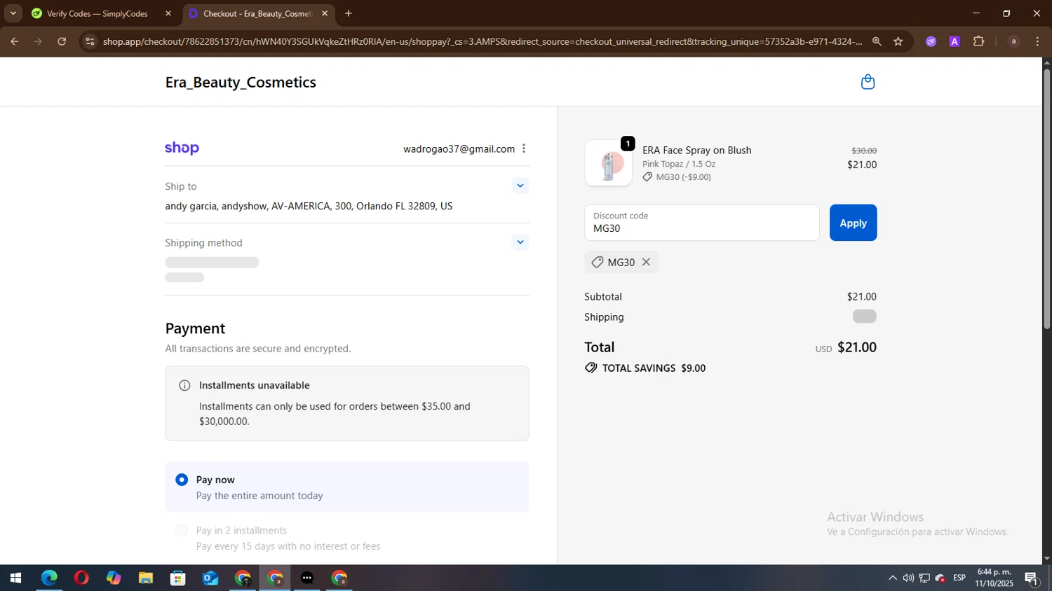 Era Beauty coupon code screenshot showing code MG30 applied at Era Beauty checkout page. Uploaded by SimplyCodes community member lisandro on Oct 11, 2025