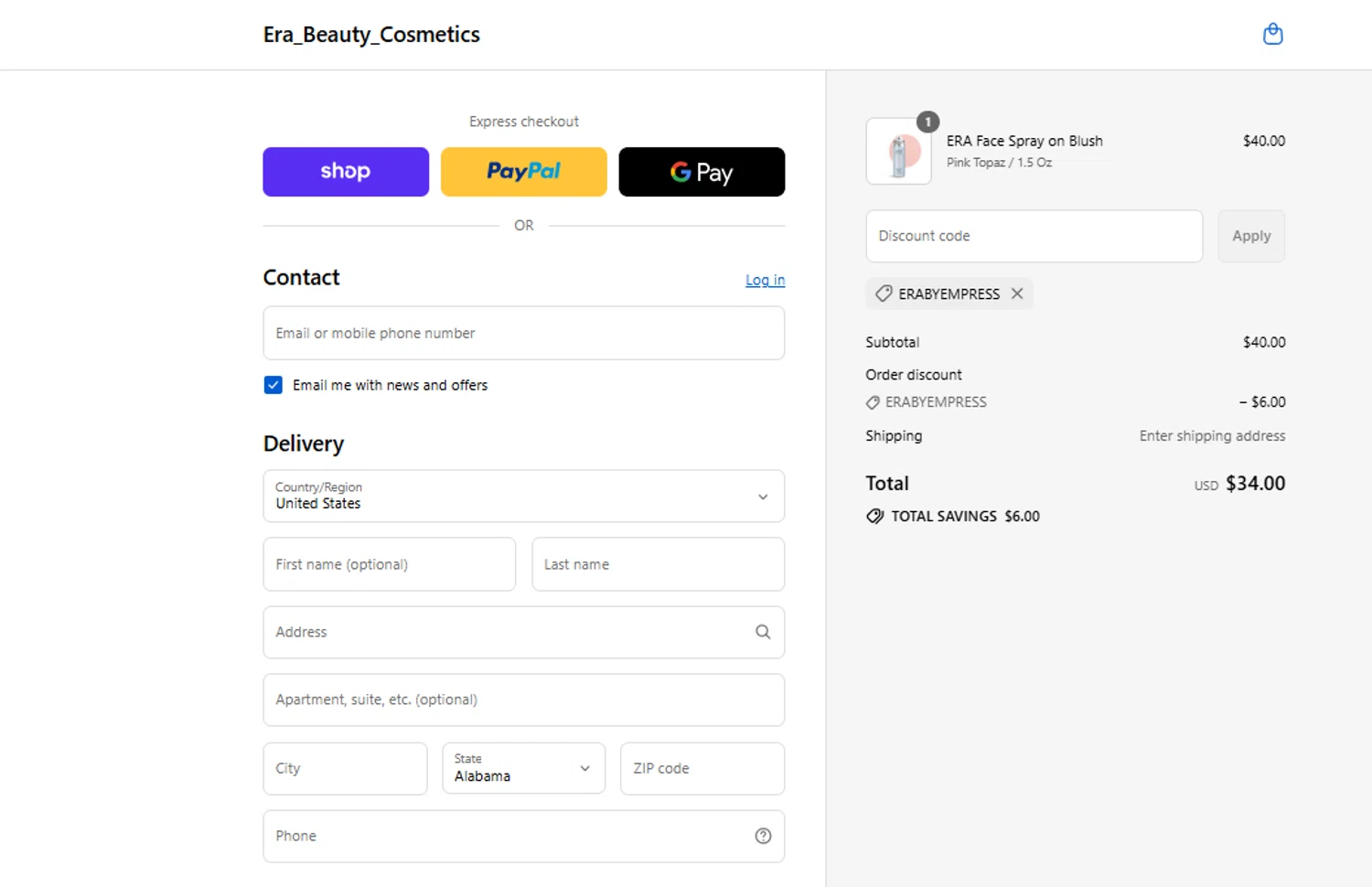 Era Beauty coupon code screenshot showing code ERABYEMPRESS applied at Era Beauty checkout page. Uploaded by SimplyCodes community member ylenisjordan on Sep 5, 2025