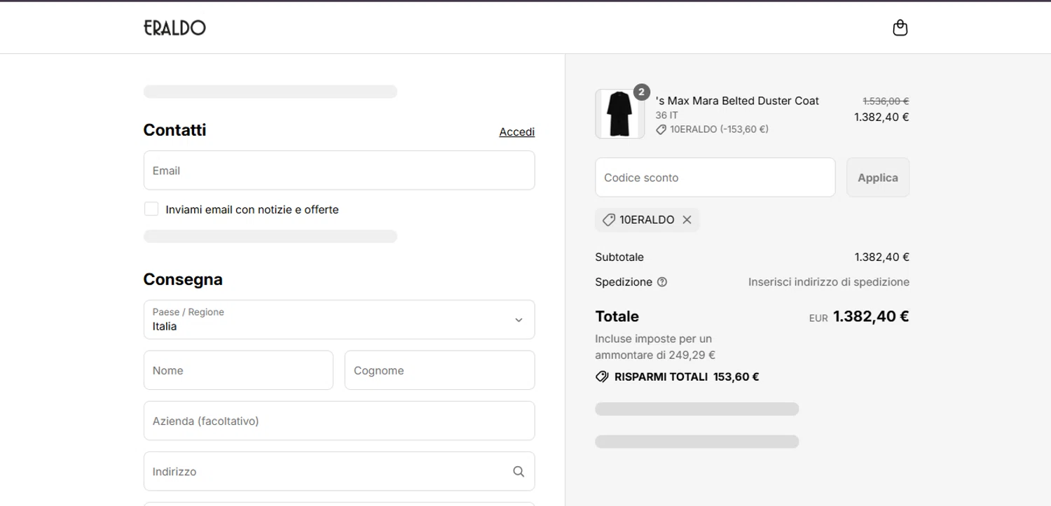 Eraldo promo code screenshot showing code 10ERALDO applied at Eraldo checkout page. Uploaded by SimplyCodes community member FortunateElite5130 on Aug 8, 2025