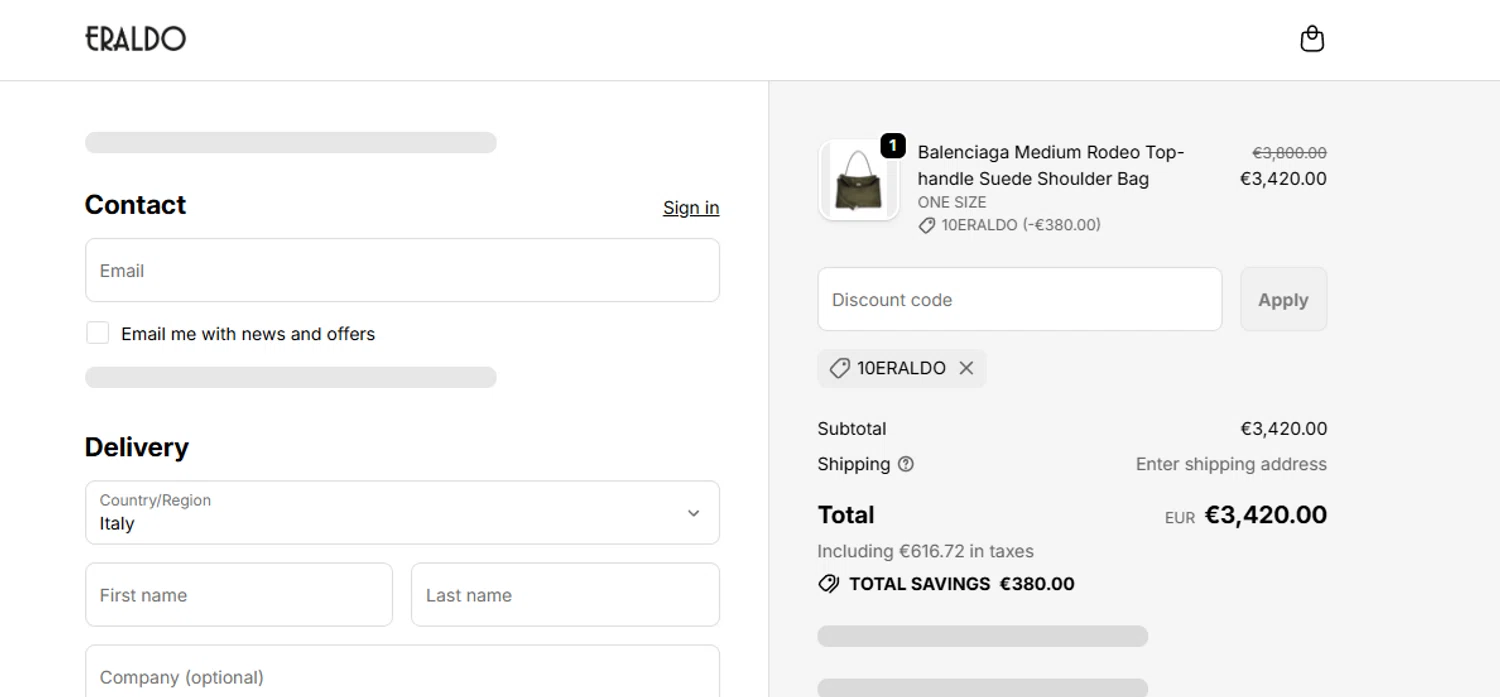 Eraldo promo code screenshot showing code 10ERALDO applied at Eraldo checkout page. Uploaded by SimplyCodes community member fjkdjkldsf on Oct 5, 2025
