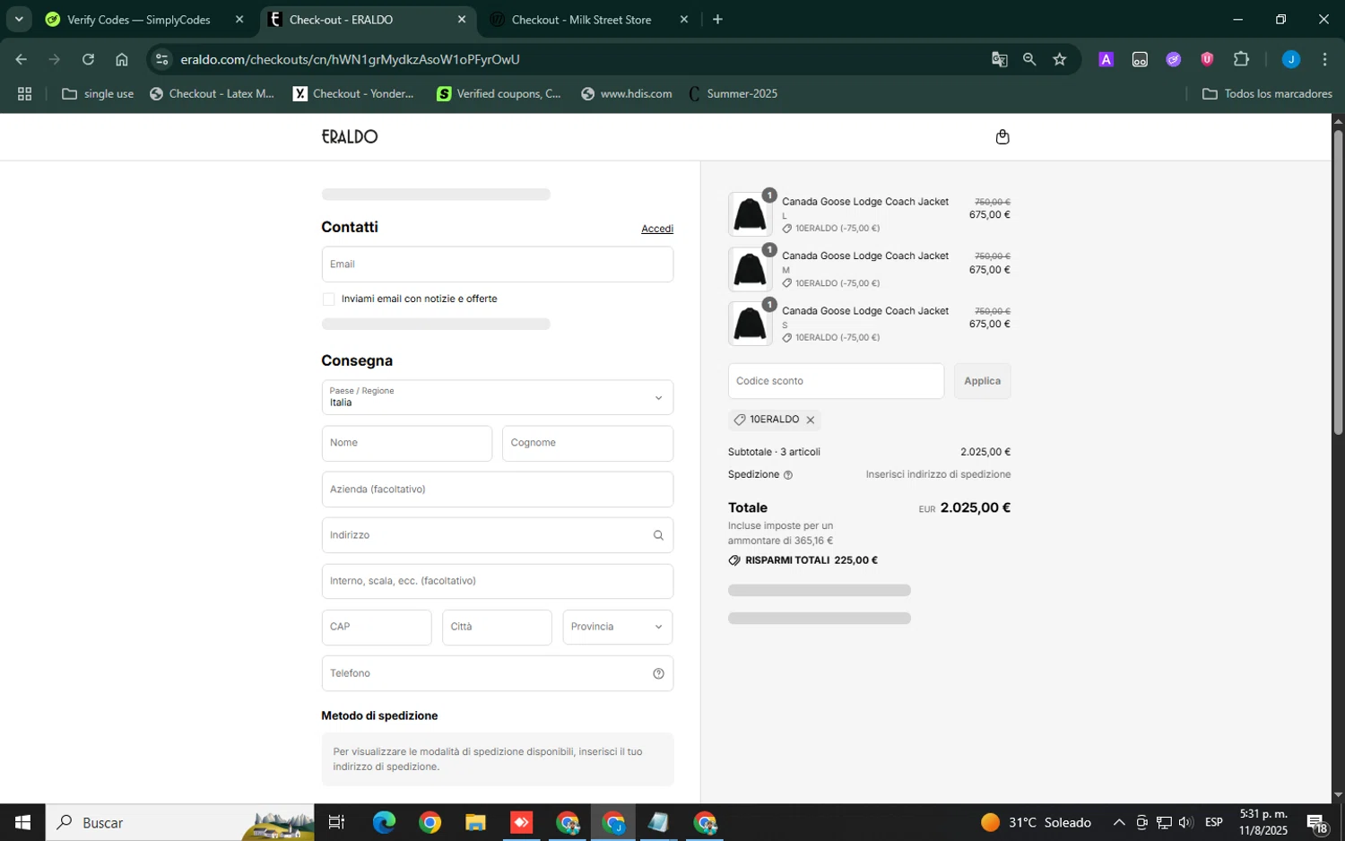 Eraldo promo code screenshot showing code 10ERALDO applied at Eraldo checkout page. Uploaded by SimplyCodes community member Xemocodes on Aug 11, 2025