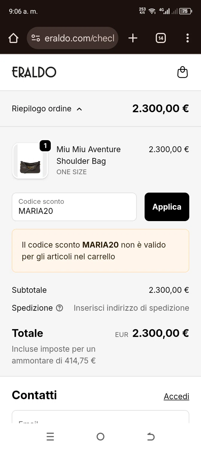 Eraldo promo code screenshot showing code MARIA20 applied at Eraldo checkout page. Uploaded by SimplyCodes community member cachetegomez on Sep 28, 2025