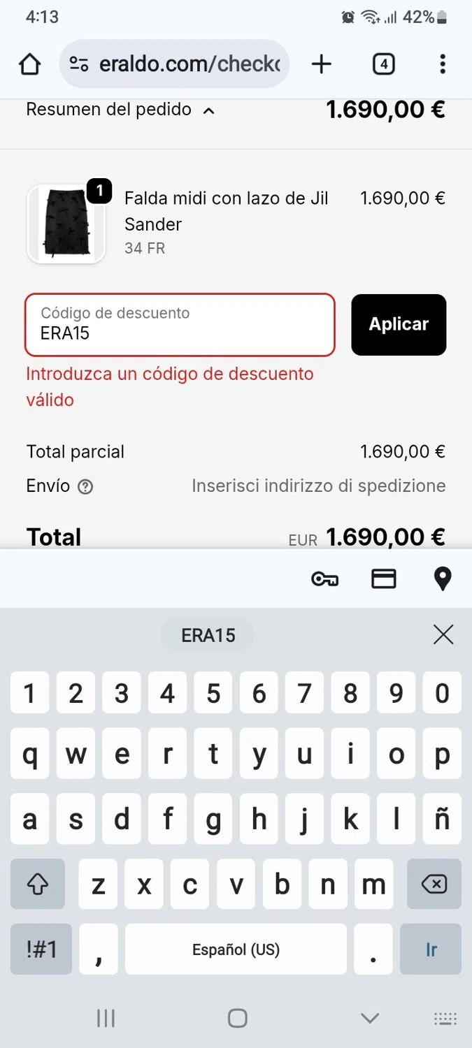 Eraldo promo code screenshot showing code ERA15 applied at Eraldo checkout page. Uploaded by SimplyCodes community member PennySaver9600 on Oct 5, 2025