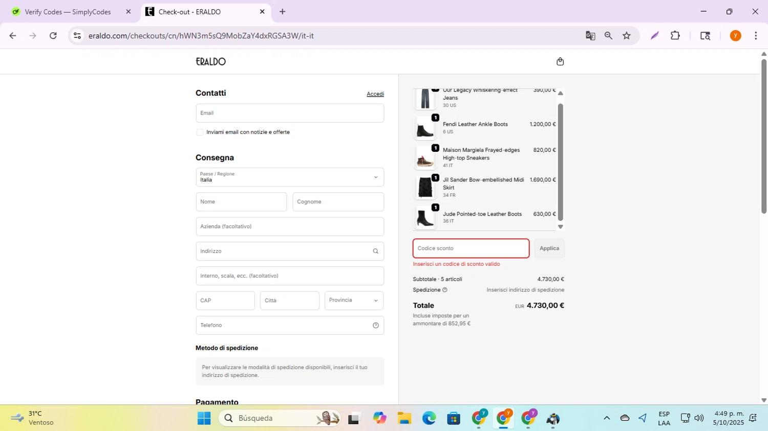 Eraldo promo code screenshot showing code ERA15 applied at Eraldo checkout page. Uploaded by SimplyCodes community member ycg487 on Oct 5, 2025