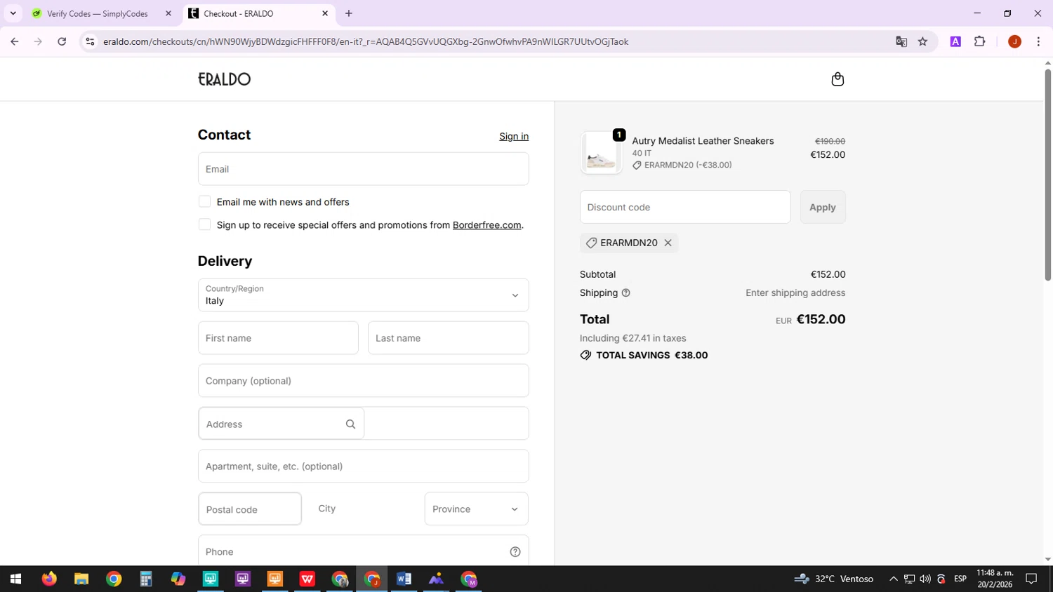 Eraldo promo code screenshot showing code ERARMDN20 applied at Eraldo checkout page. Uploaded by SimplyCodes community member TreasureTracker4321 on Feb 20, 2026