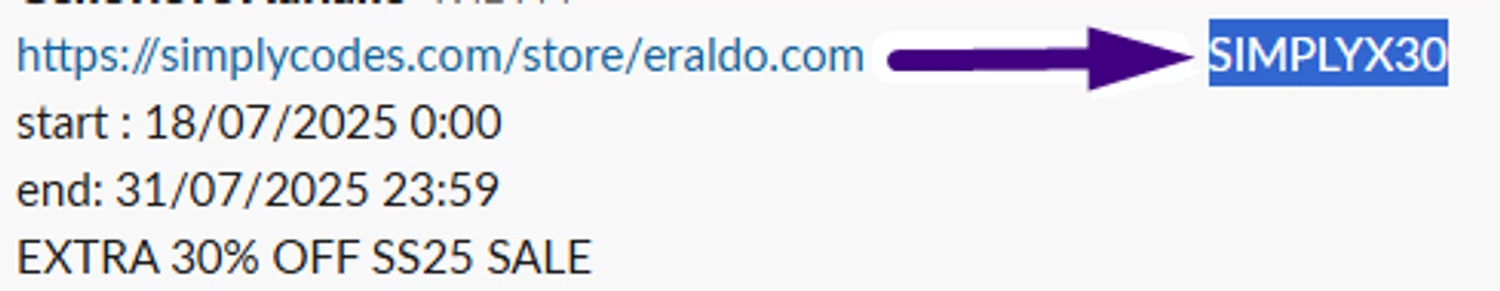 Eraldo promo code screenshot showing code SIMPLYX30 applied at Eraldo checkout page. Uploaded by SimplyCodes community member Swiftdealz on Jul 20, 2025