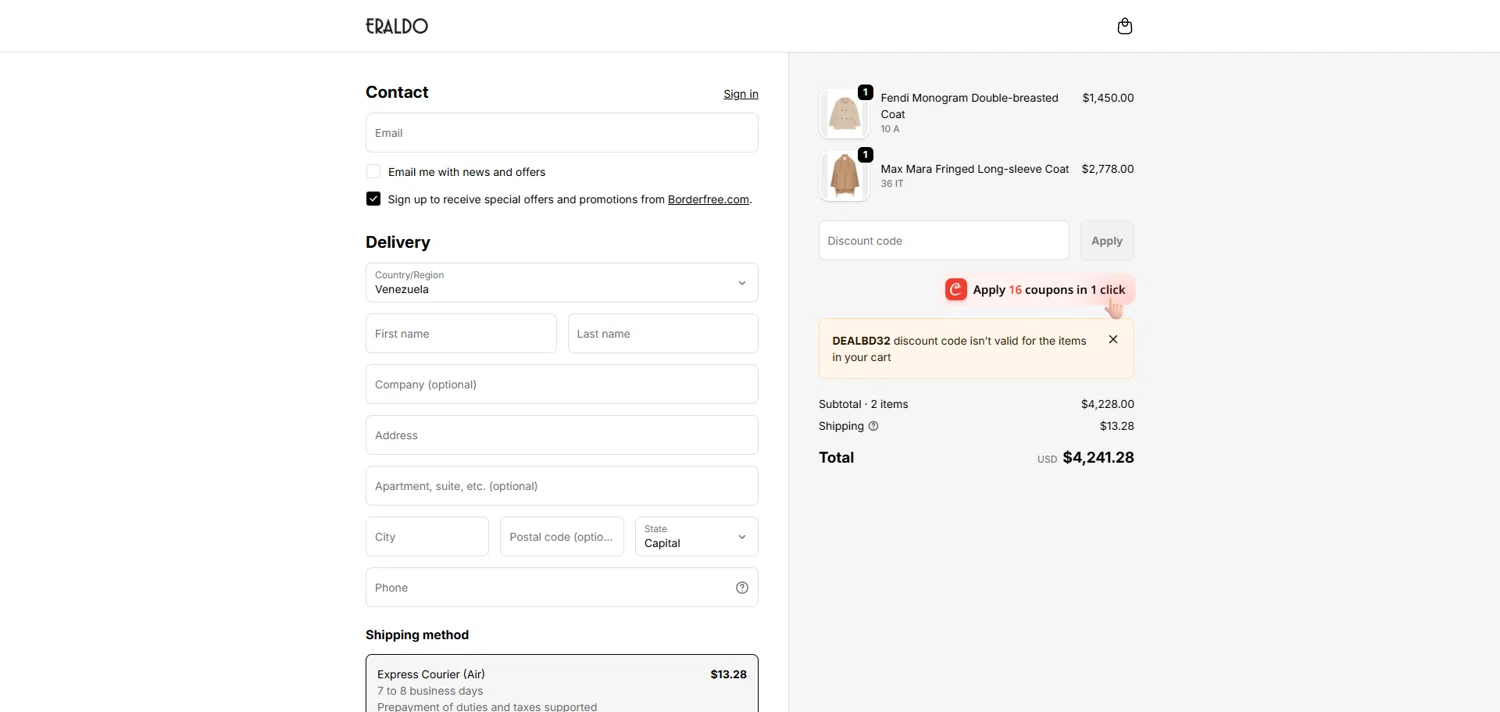 Eraldo promo code screenshot showing code DEALBD32 applied at Eraldo checkout page. Uploaded by SimplyCodes community member ivantorres on Dec 26, 2025