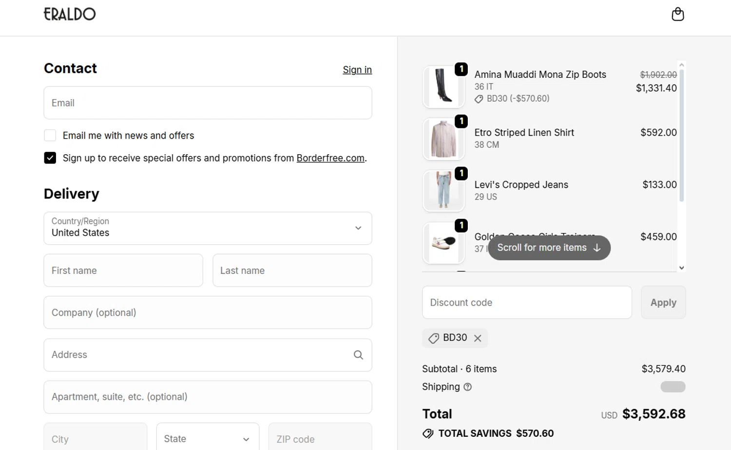 Eraldo promo code screenshot showing code BD30 applied at Eraldo checkout page. Uploaded by SimplyCodes community member jesspea on Dec 26, 2025