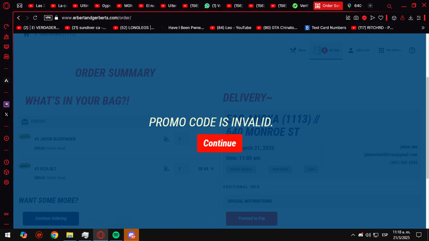 Erbert & Gerbert's promo code screenshot showing code FIVEOFF applied at Erbert & Gerbert's checkout page. Uploaded by SimplyCodes community member Anteserachido on Mar 21, 2025