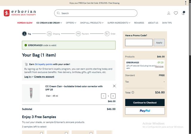 Erborian checkout page showing Erborian promo code box | Screenshot taken by SimplyCodes community member on Jul 15, 2025