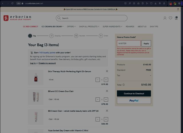 Erborian checkout page showing Erborian promo code box | Screenshot taken by SimplyCodes community member on Aug 11, 2025