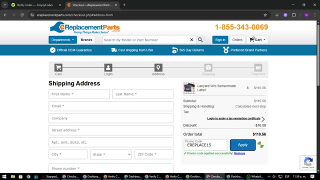 eReplacementParts.com checkout page showing eReplacementParts.com promo code box | Screenshot taken by SimplyCodes community member on Jul 17, 2025