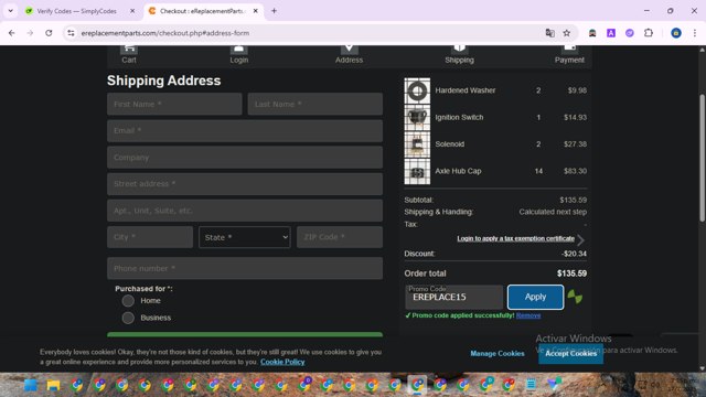 eReplacementParts.com checkout page showing eReplacementParts.com promo code box | Screenshot taken by SimplyCodes community member on Jul 17, 2025