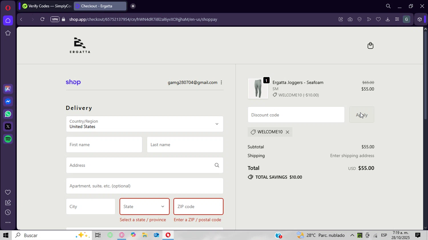 Ergatta promo code screenshot showing code Welcome10 applied at Ergatta checkout page. Uploaded by SimplyCodes community member CrownWizard8571 on Oct 28, 2025